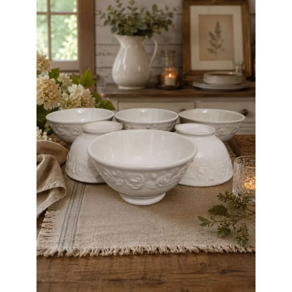 6 Quadrifoglio Ceramica White Rose Embossed Salad Bowls Italy Vintage Style